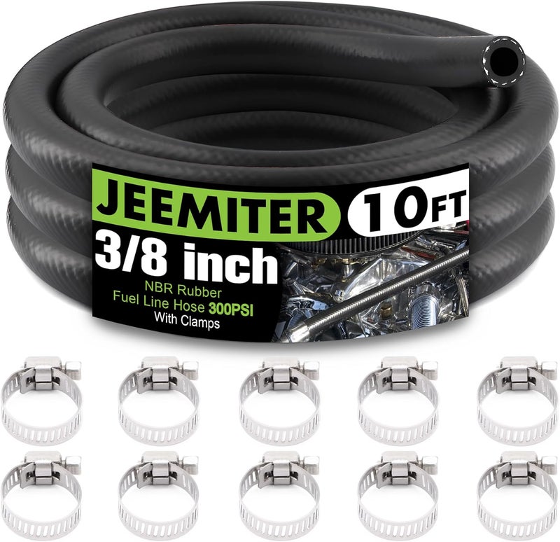 Jeemiter 3/8" ID Fuel Line Hose 10FT - SAE 30R7 NBR Rubber Replacement Kit with 10 Clamps for Gas, Diesel, Oil & Coolant - Fits Automotive, Marine, Lawn Mower, Small Engines - Image 1
